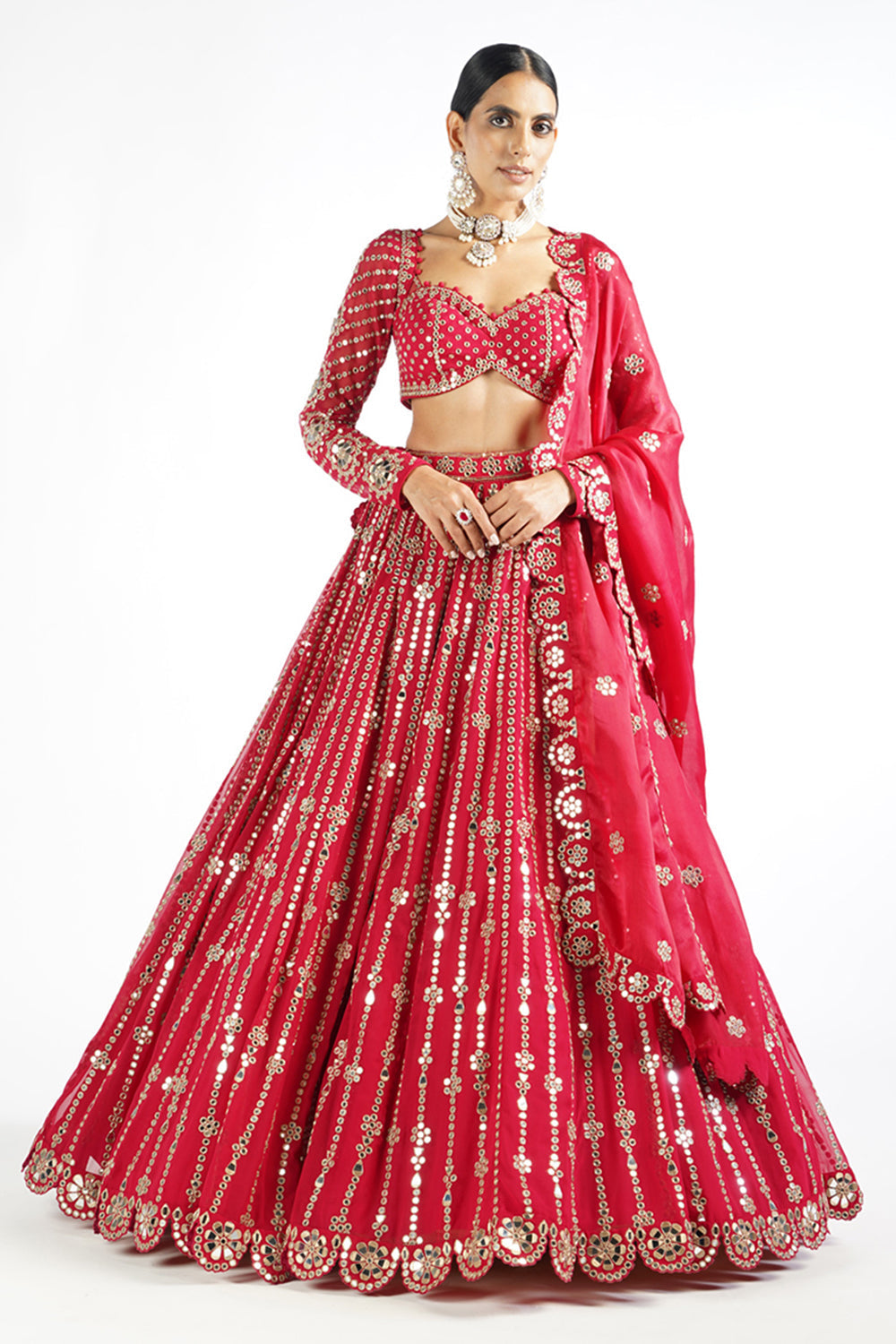 Crimson Red Small Flower Linear Lehenga Set