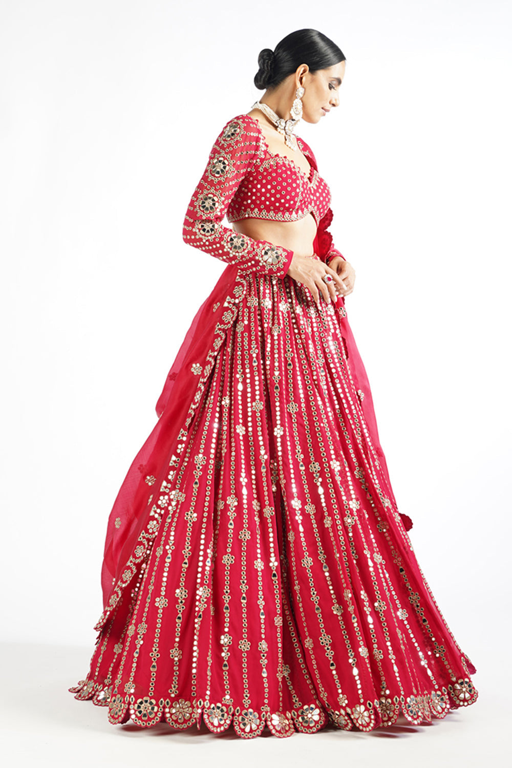 Crimson Red Small Flower Linear Lehenga Set