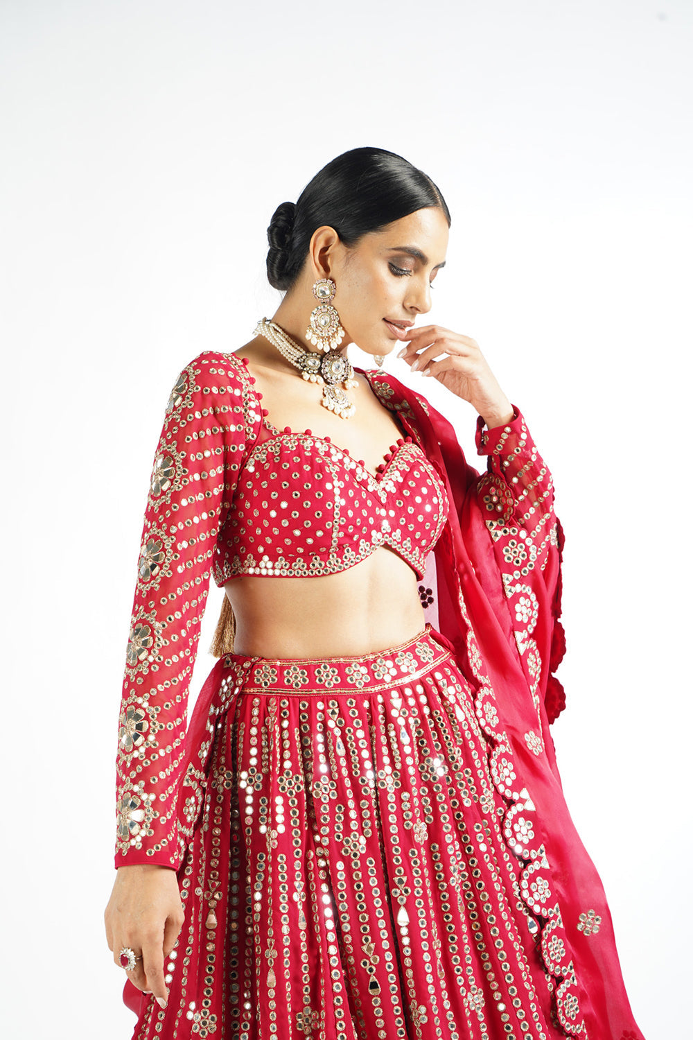 Crimson Red Small Flower Linear Lehenga Set