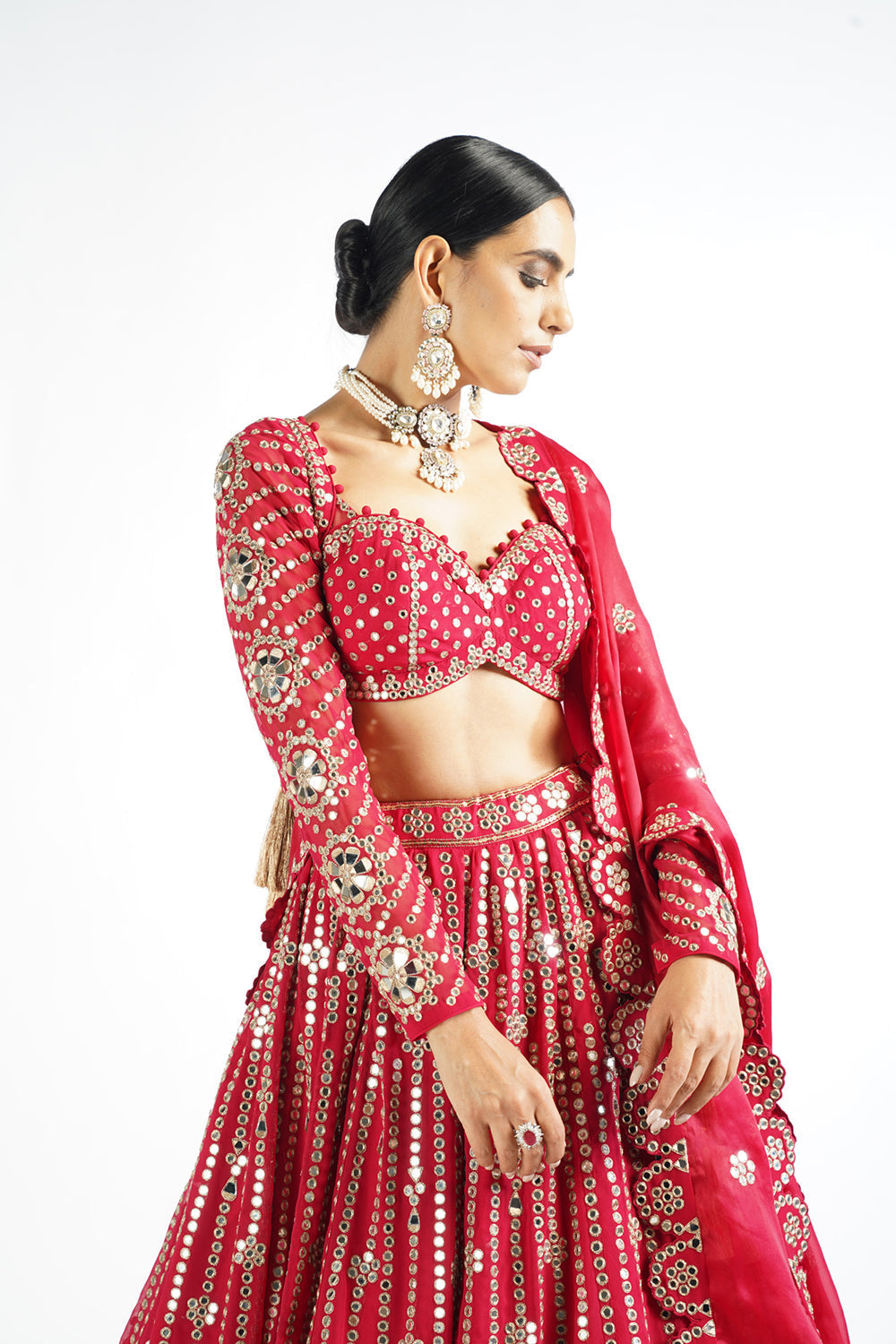 Crimson Red Small Flower Linear Lehenga Set