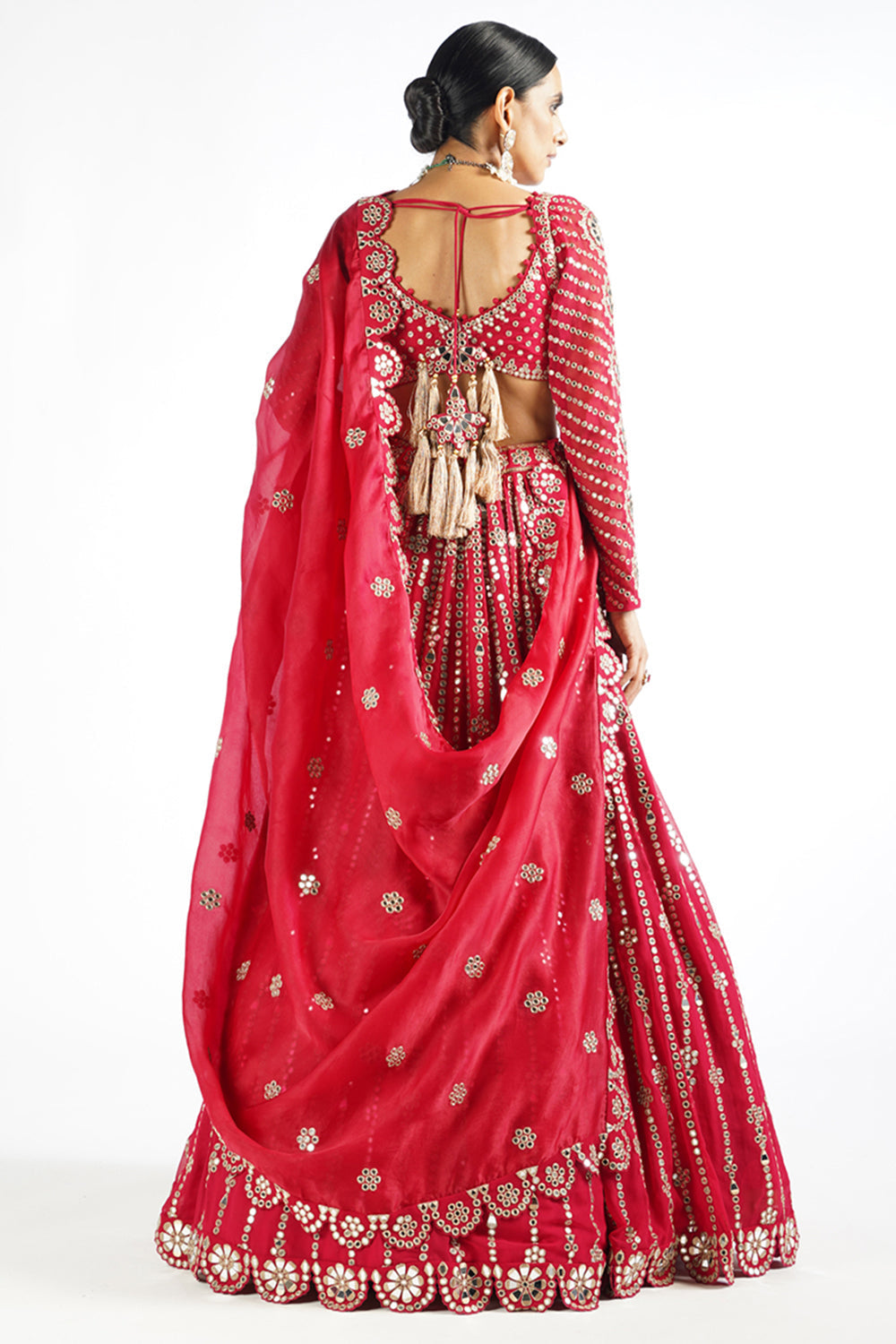 Crimson Red Small Flower Linear Lehenga Set