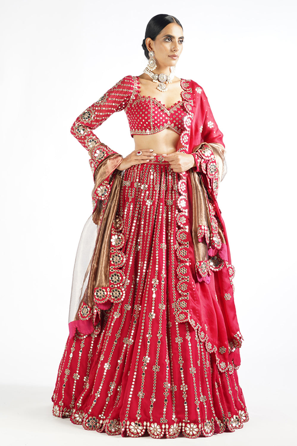 Crimson Red Small Flower Linear Lehenga Set