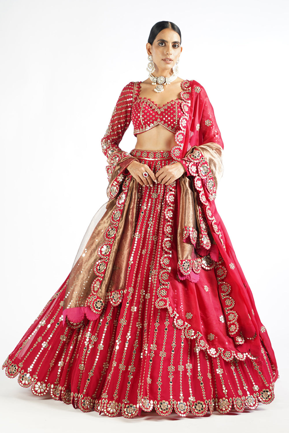 Crimson Red Small Flower Linear Lehenga Set