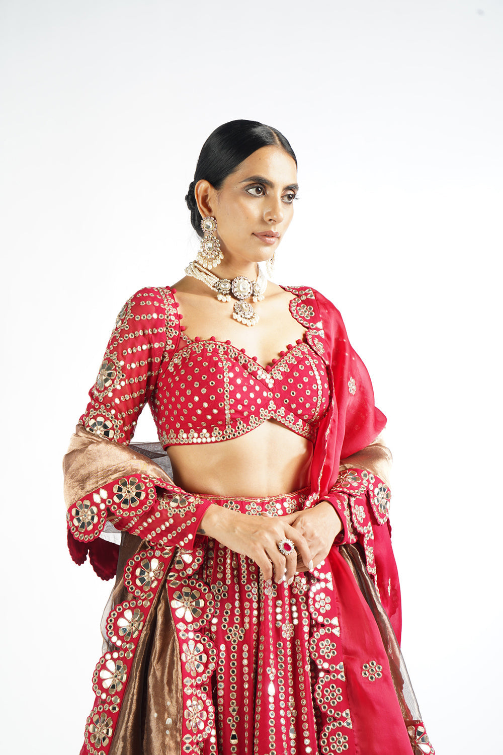 Crimson Red Small Flower Linear Lehenga Set