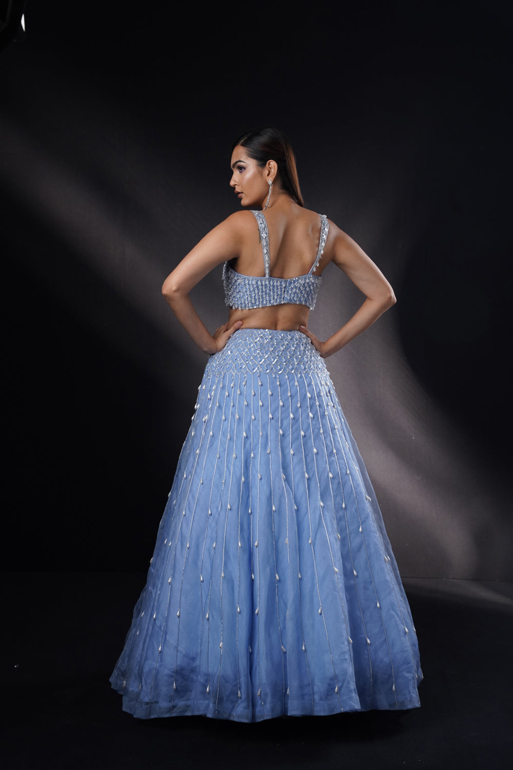 "Camilla": Blue 3D Pearlwork Lehenga Set With Cape.