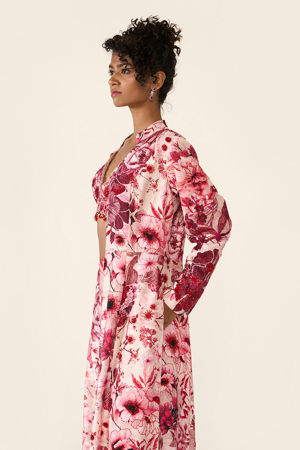 Pink Printed Long Jacket Set