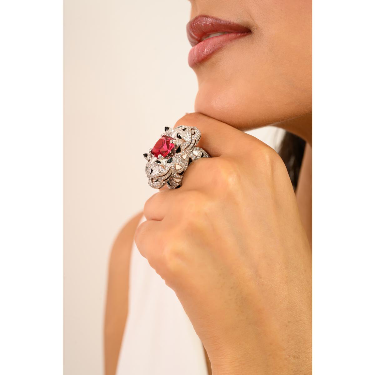 925 Sterling Silver Dual Panther Ring with Ruby