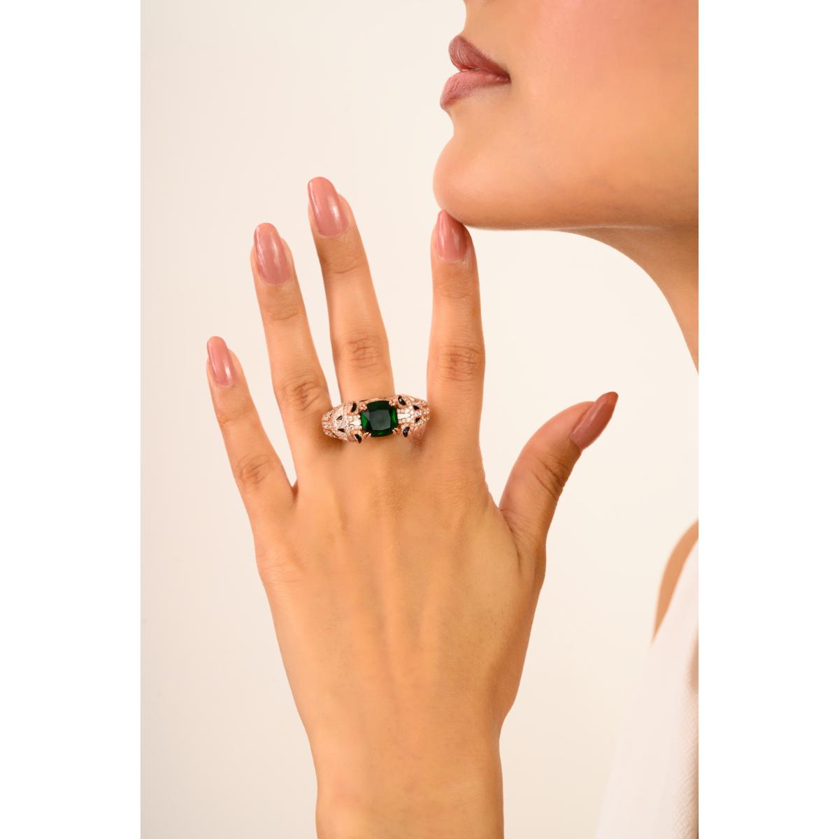 925 Sterling Silver Rose Gold Dual Panther Ring with Emerald
