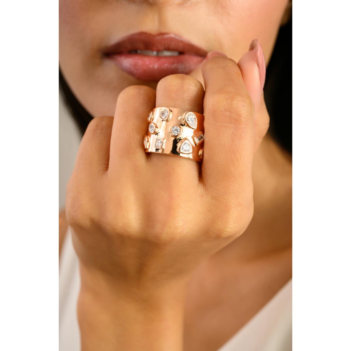 925 Sterling Silver Rose Gold White Diamond Broad Ring