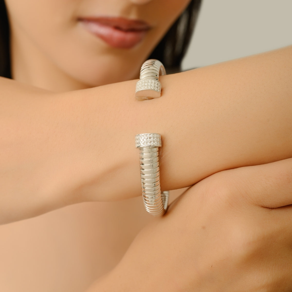 925 Sterling Silver Diamond Front Open Cuff Bangle Bracelet