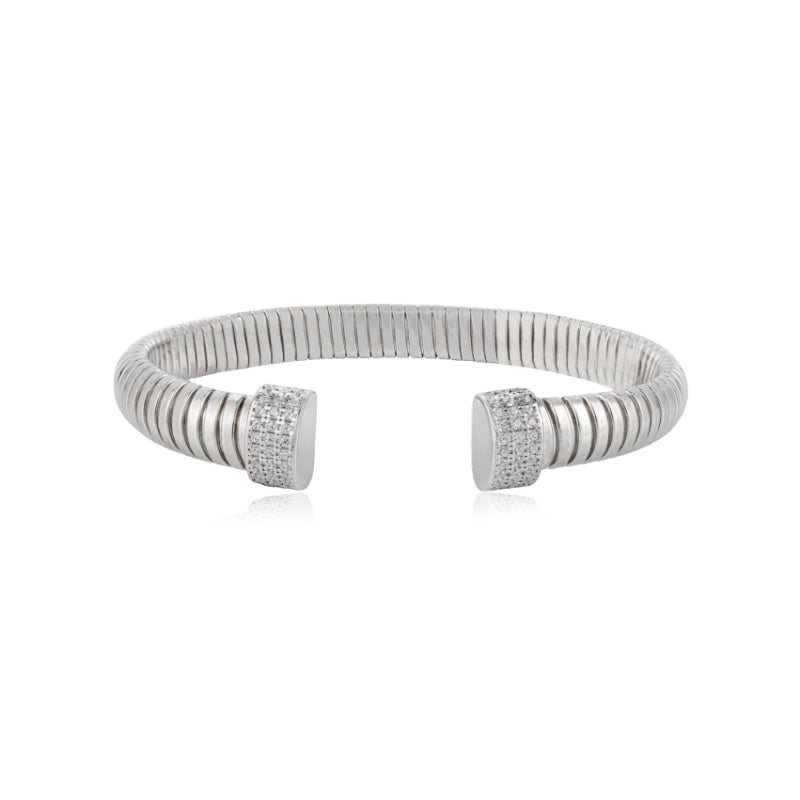 925 Sterling Silver Diamond Front Open Cuff Bangle Bracelet