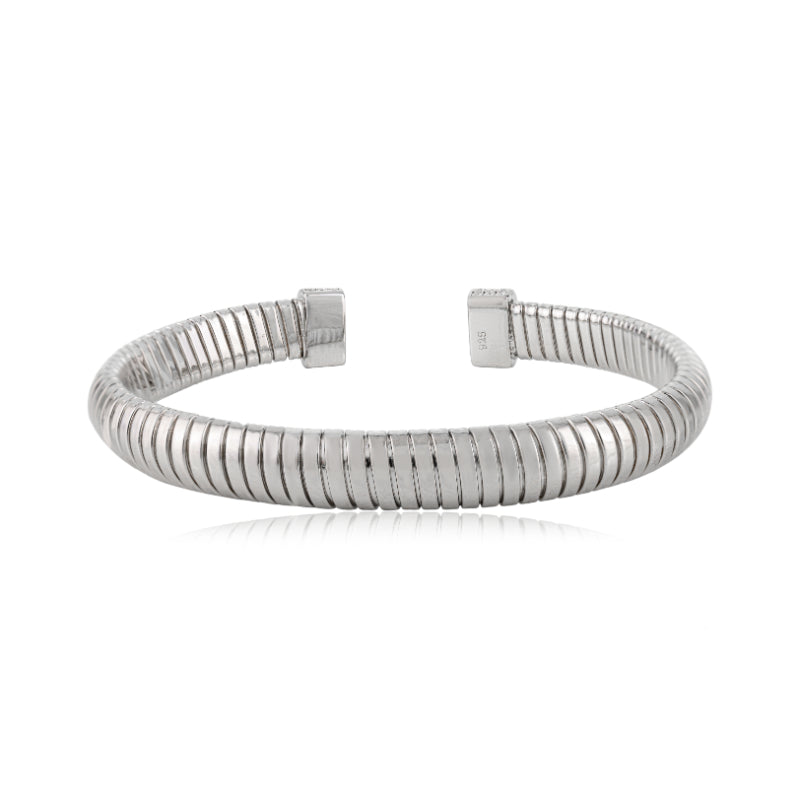 925 Sterling Silver Diamond Front Open Cuff Bangle Bracelet