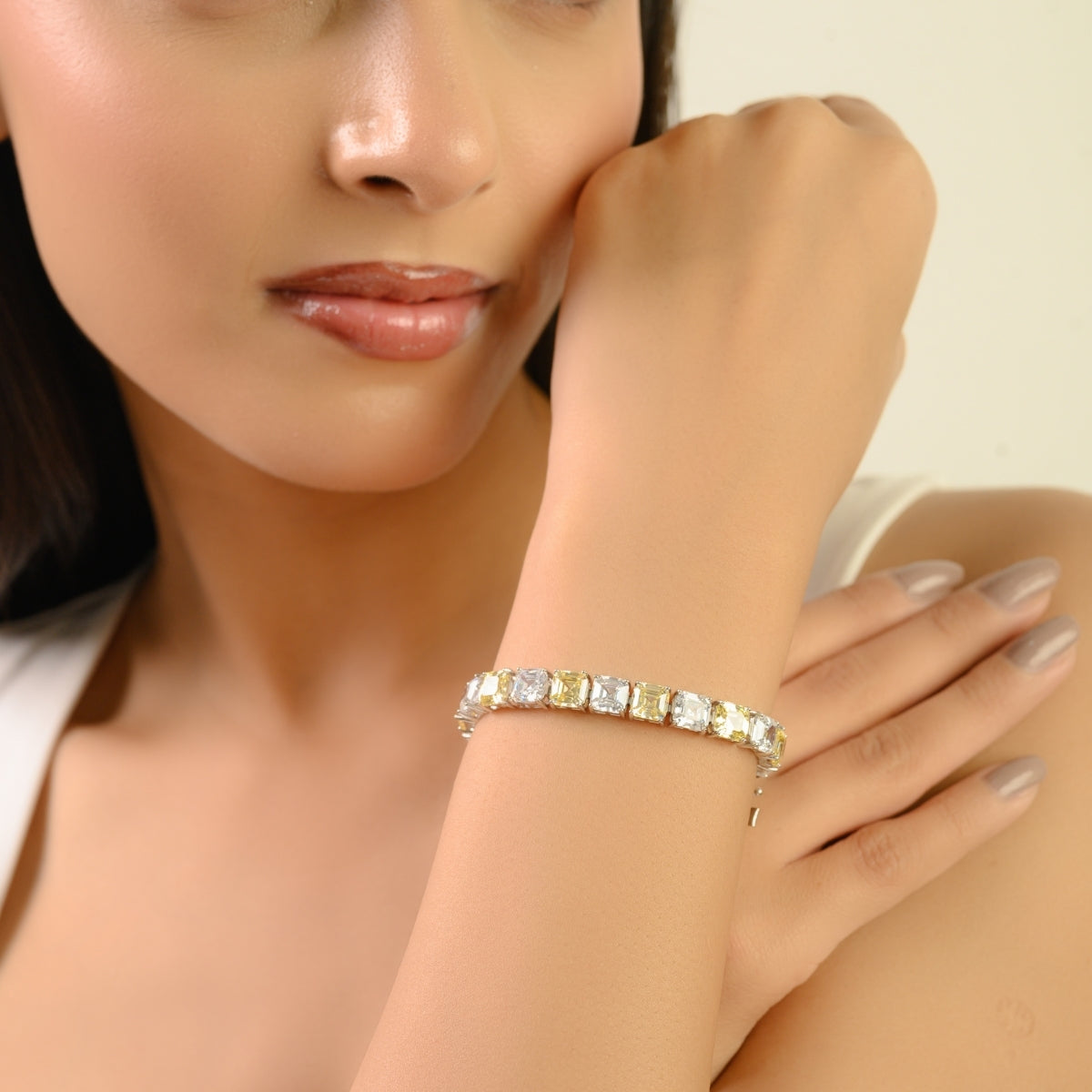 925 Silver White and Yellow CZ Square Tennis Bracelet