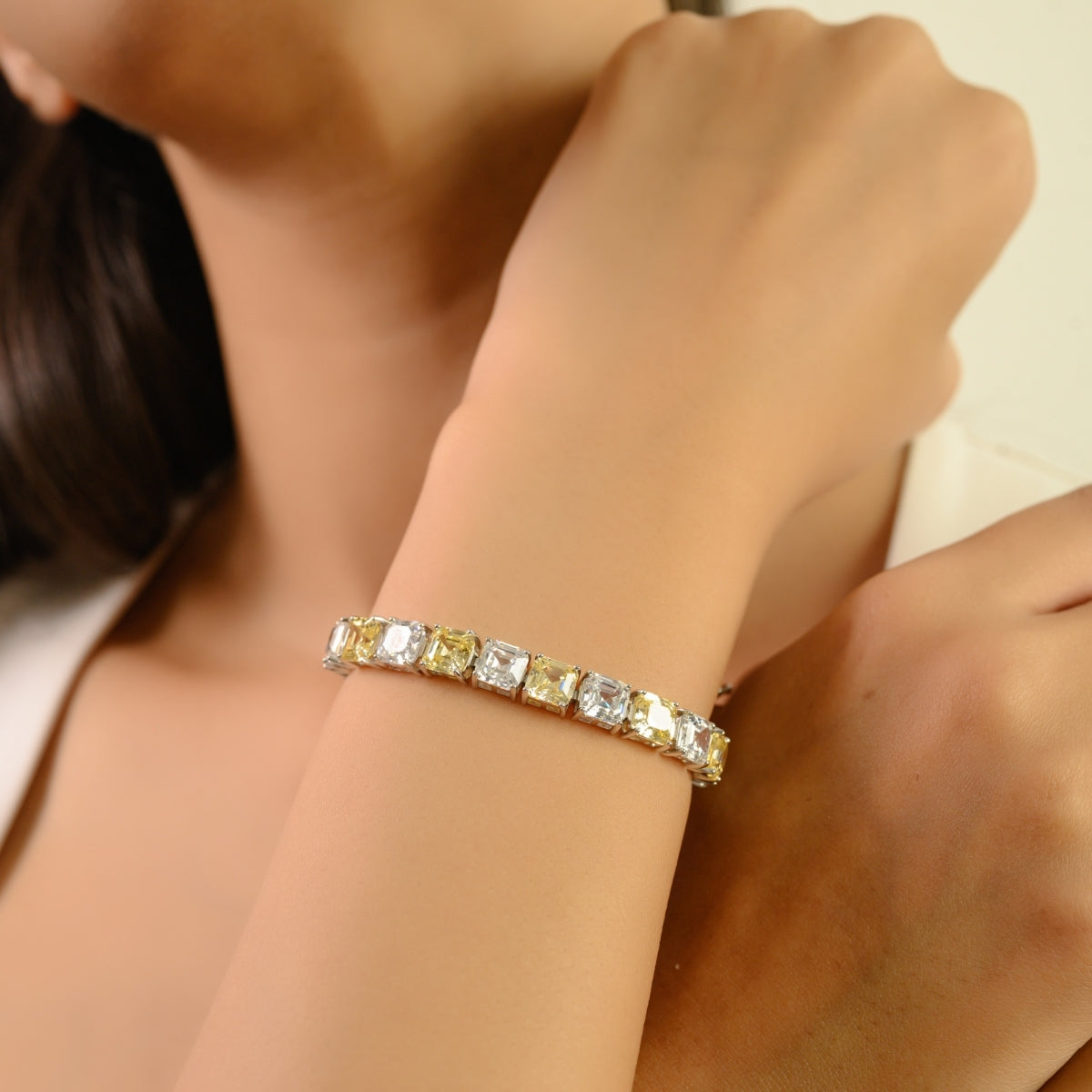 925 Silver White and Yellow CZ Square Tennis Bracelet