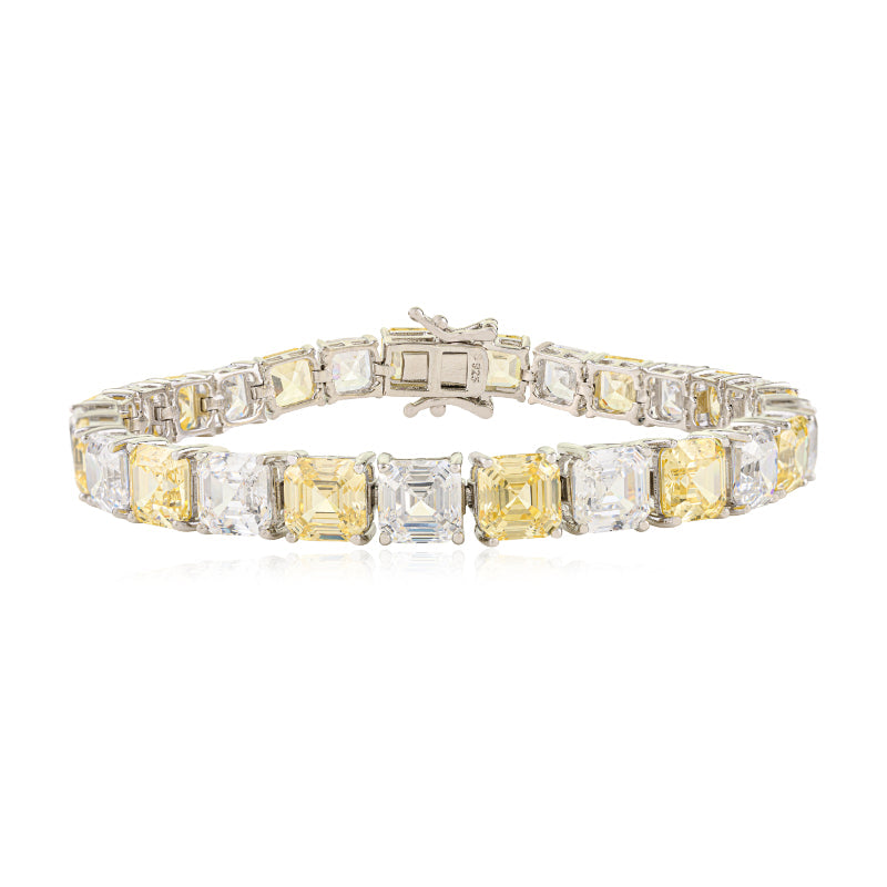 925 Silver White and Yellow CZ Square Tennis Bracelet