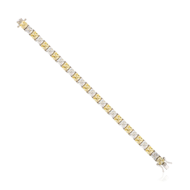 925 Silver White and Yellow CZ Square Tennis Bracelet