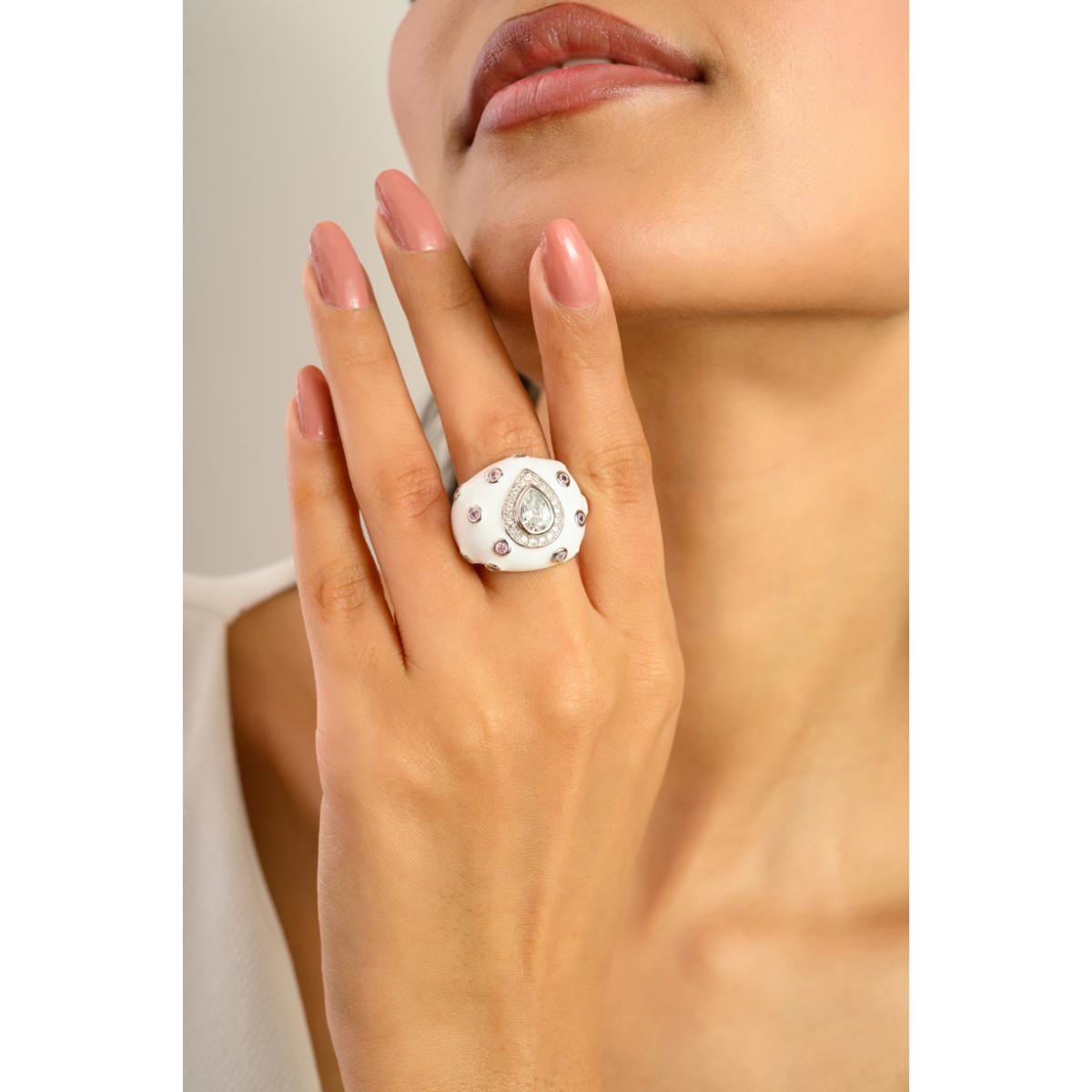 925 Sterling Silver White Enamel with Pear Diamond Retro Ring