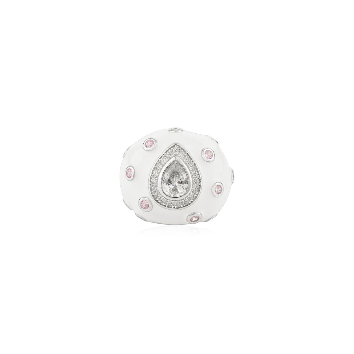 925 Sterling Silver White Enamel with Pear Diamond Retro Ring