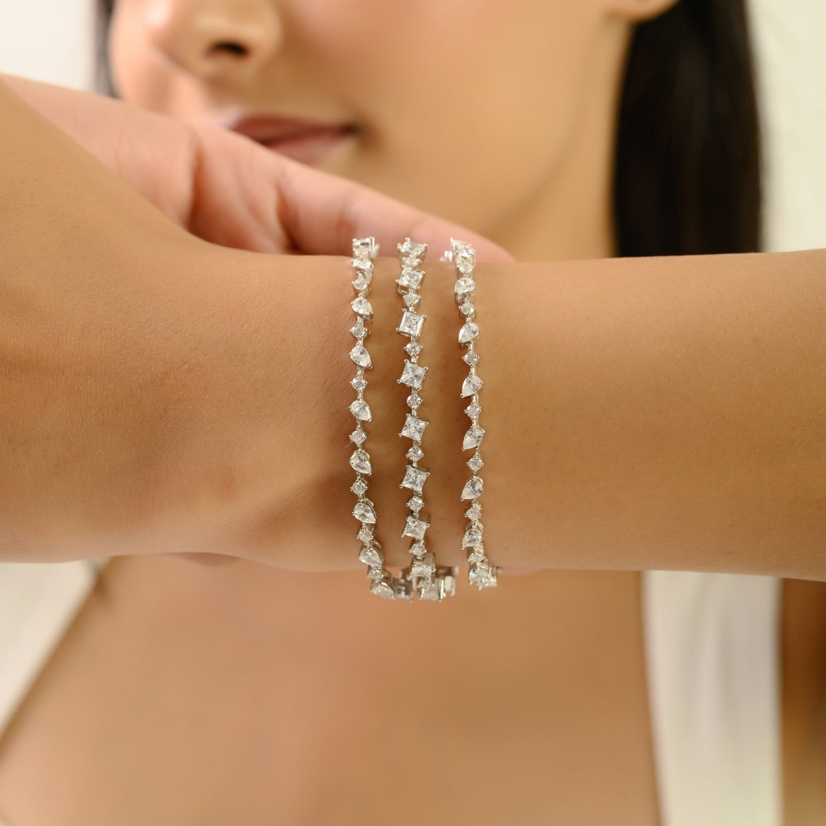 Sterling Silver Multi Cut White CZ Three Layer Bracelet