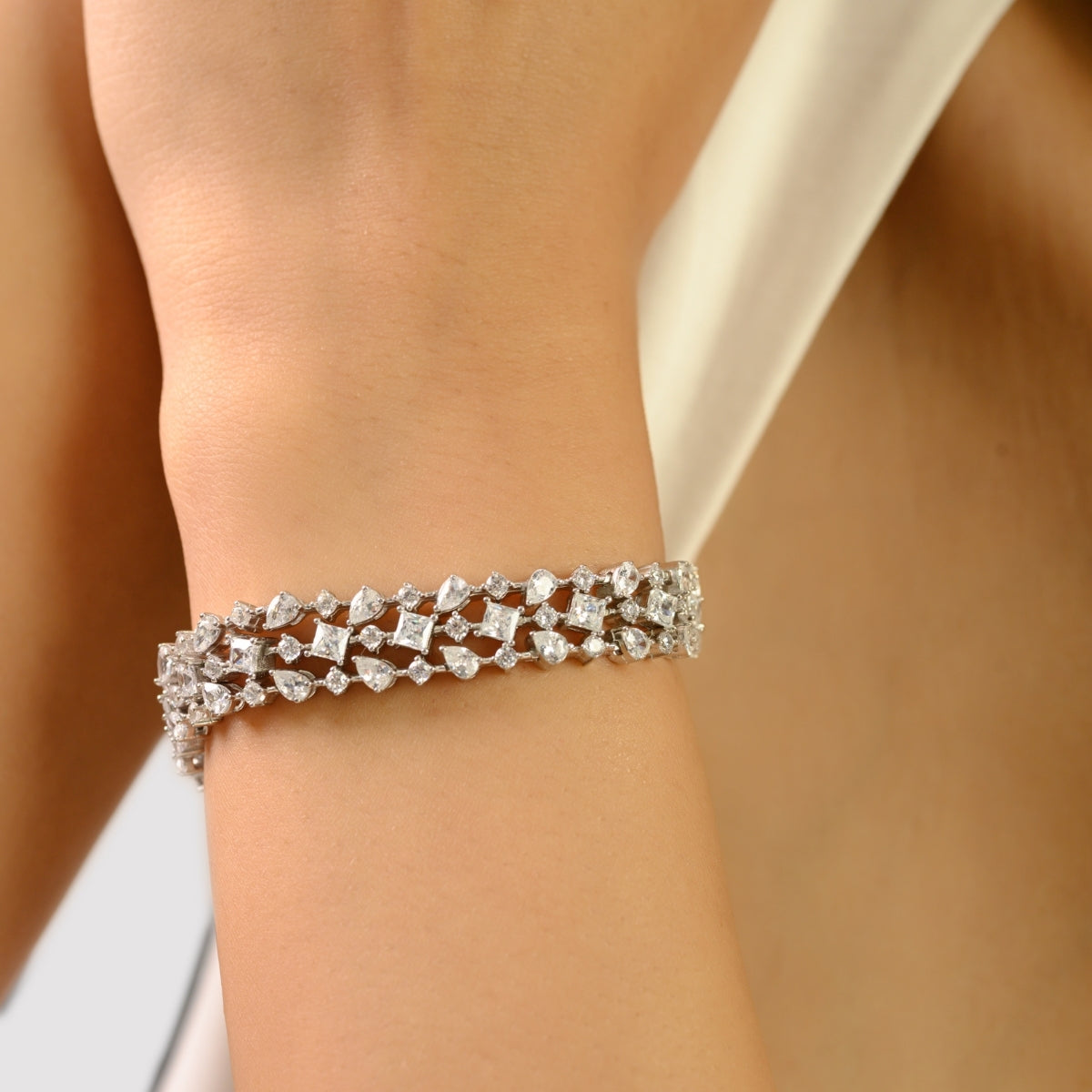 Sterling Silver Multi Cut White CZ Three Layer Bracelet