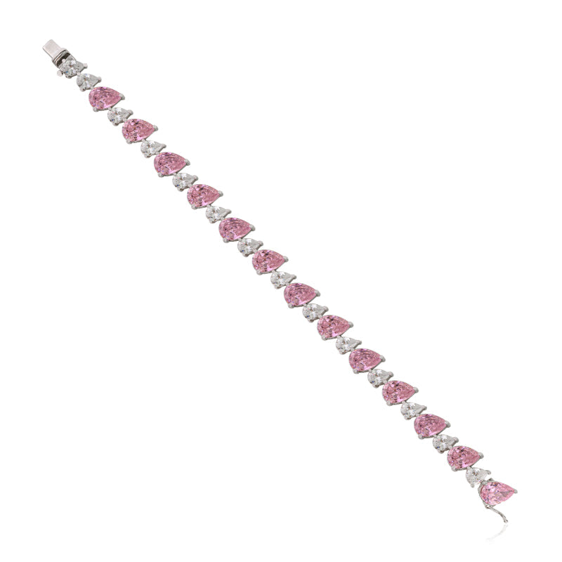 925 Sterling Silver Brilliant Pear Cut White and Pink CZ Tennis Bracelet