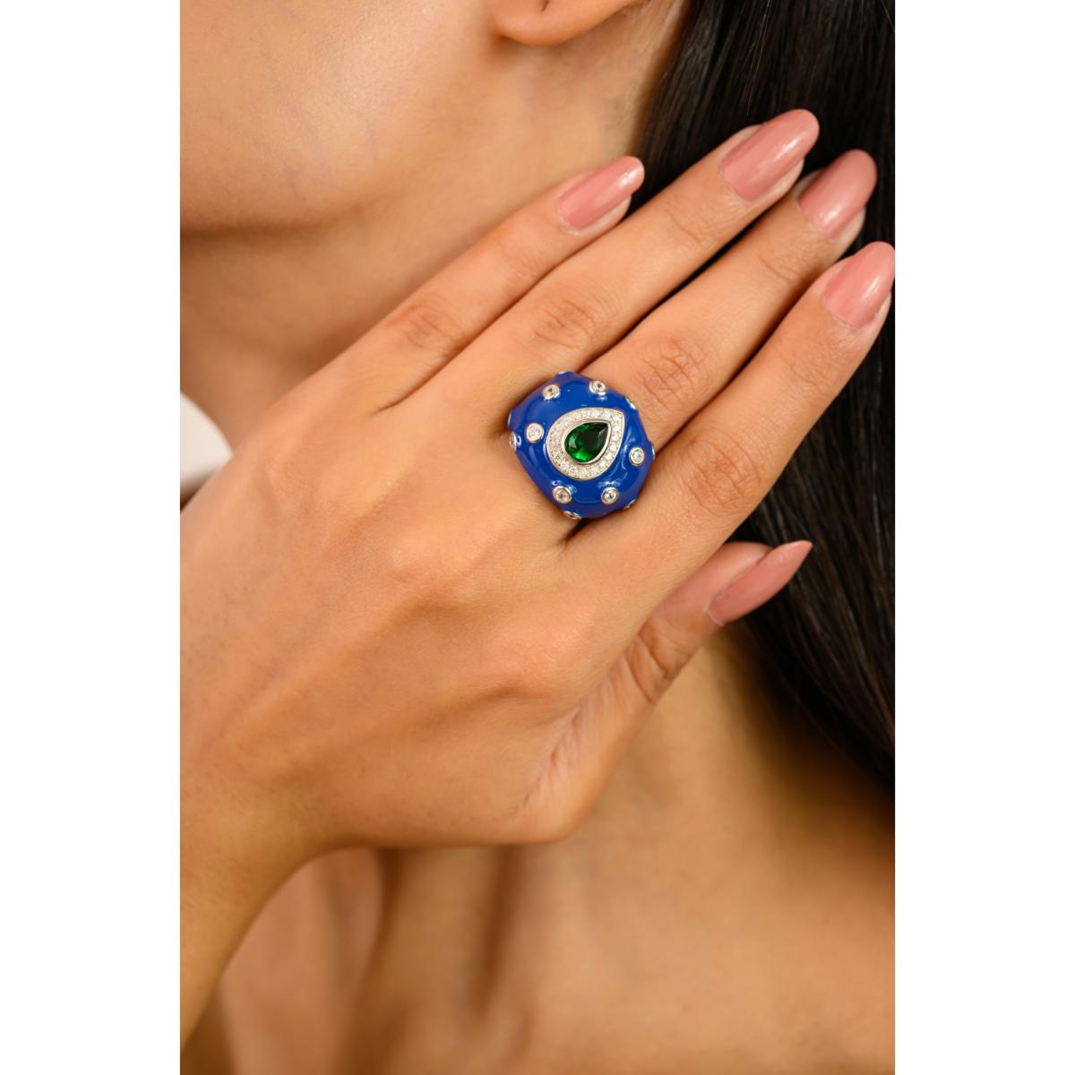 925 Sterling Silver Blue Enamel with Green Pear Retro Ring