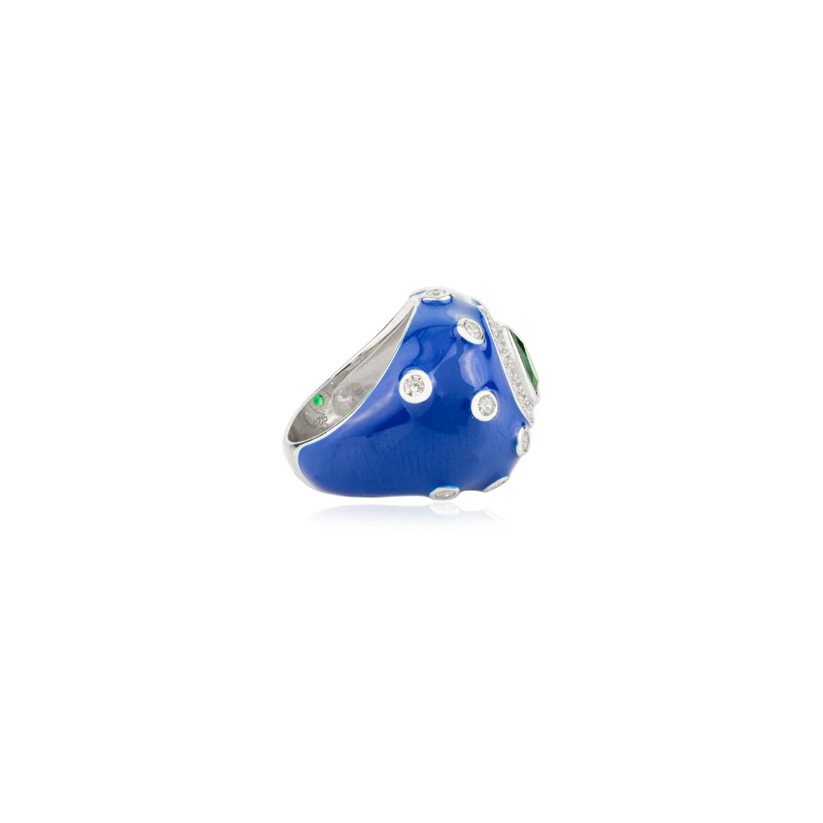 925 Sterling Silver Blue Enamel with Green Pear Retro Ring