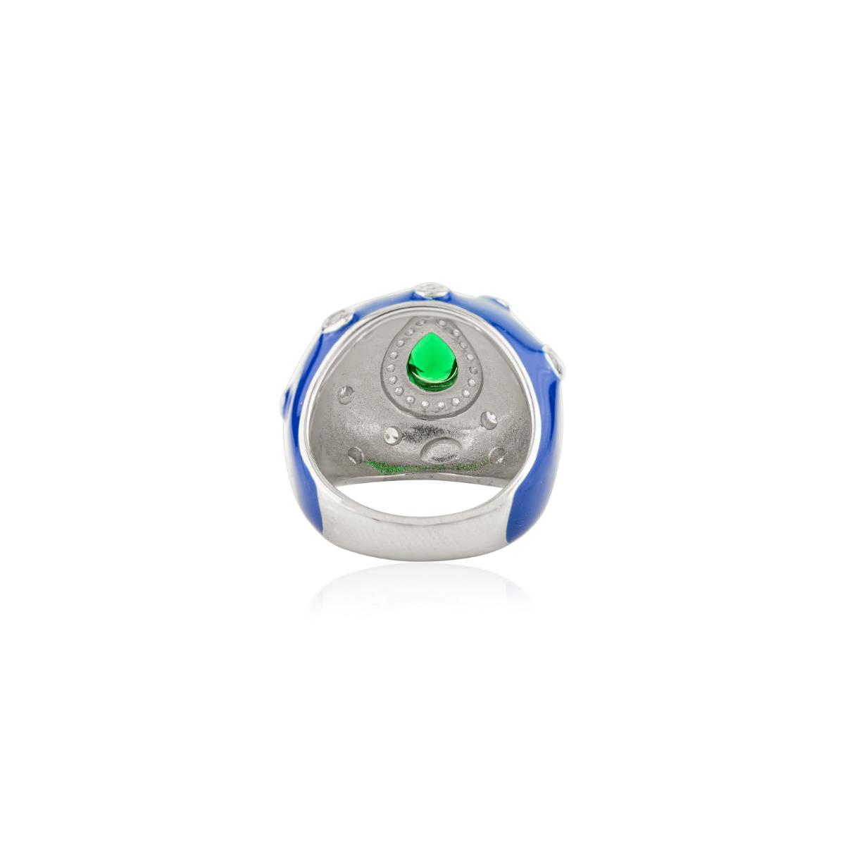 925 Sterling Silver Blue Enamel with Green Pear Retro Ring