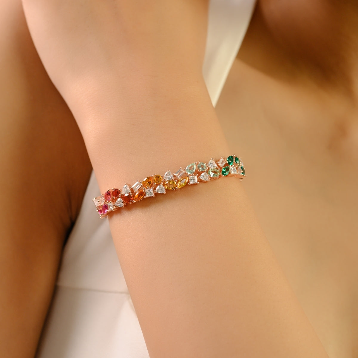 18k Rose Gold Vibrant Rainbow CZ Bracelet with Multi-Color Cubic Zircons