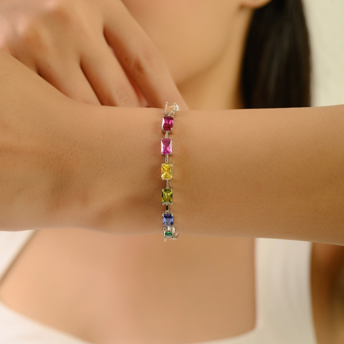 Multi-Color CZ Link Bracelet in Sterling Silver