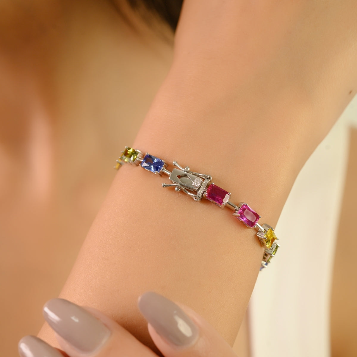 Multi-Color CZ Link Bracelet in Sterling Silver