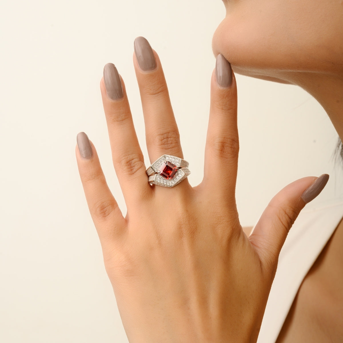Exquisite Chunky Silver Ring with Stunning Red and White CZ