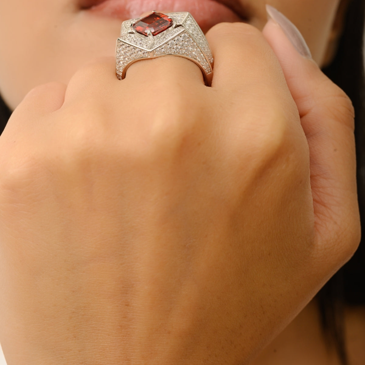 Exquisite Chunky Silver Ring with Stunning Red and White CZ