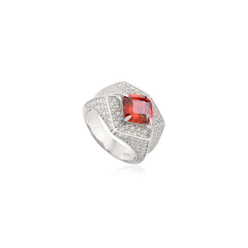 Exquisite Chunky Silver Ring with Stunning Red and White CZ