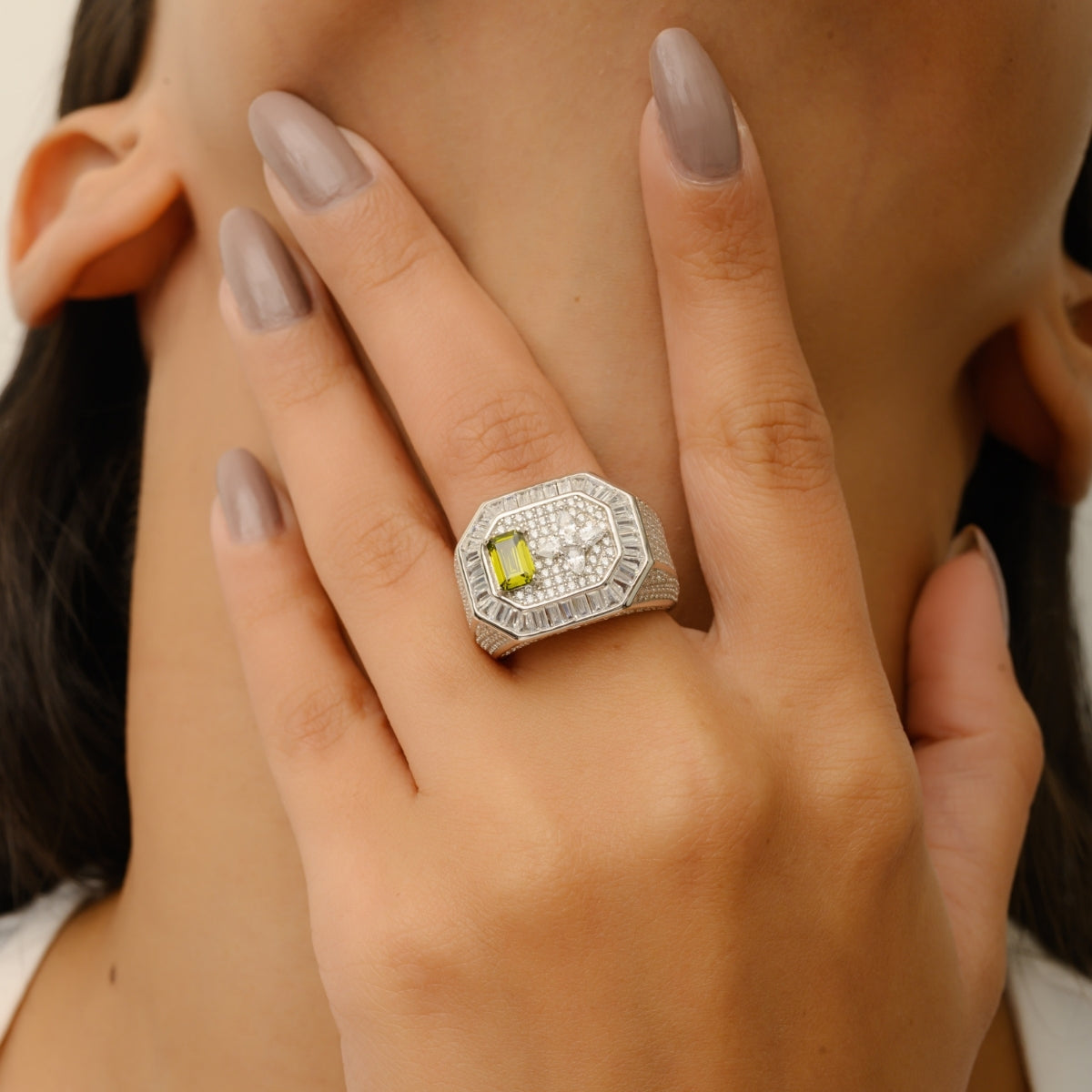 Bold Silver Unisex Ring with Emerald Cut Green Crystal