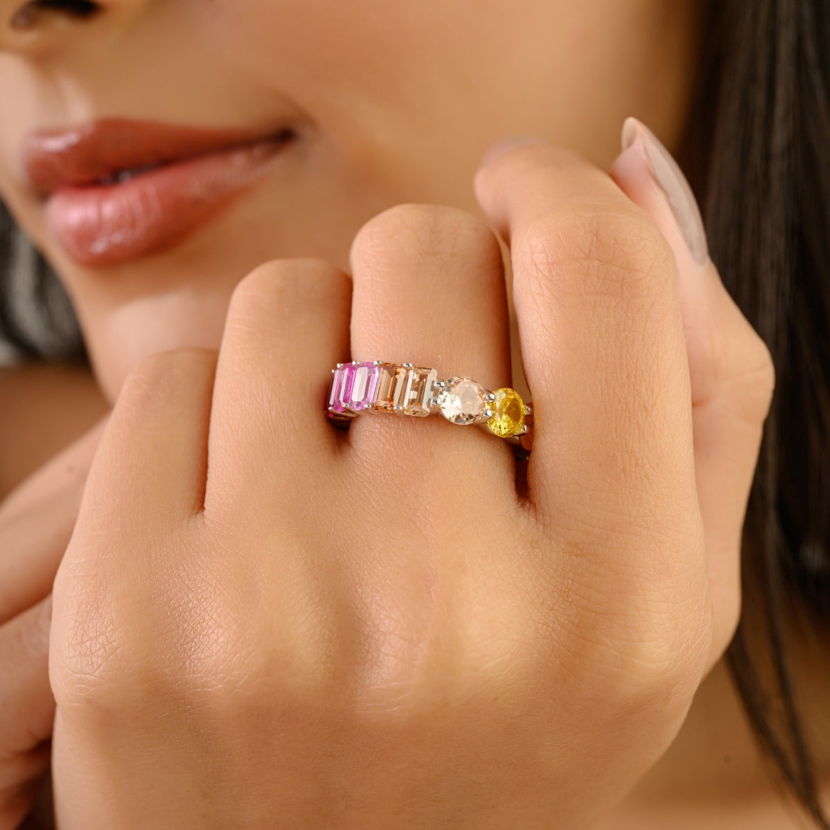 Colorful Rainbow Ring Sterling Silver Eternity Band