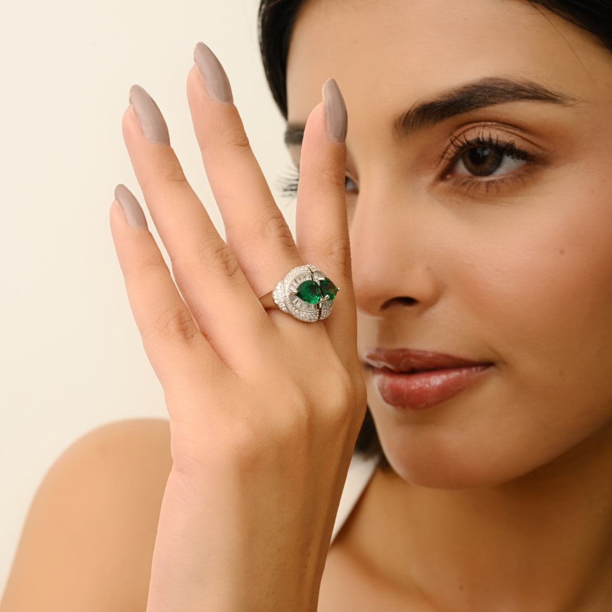 Sterling Silver Twin Crimson Ring in Green and White CZ