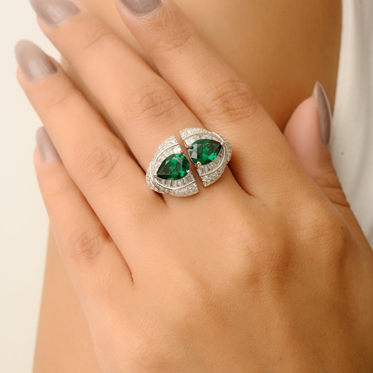Sterling Silver Twin Crimson Ring in Green and White CZ