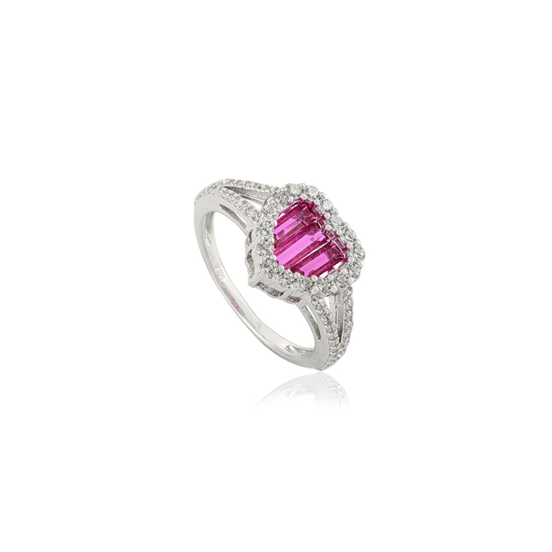 925 Sterling Silver Heart Halo Ring in Pink and White CZ