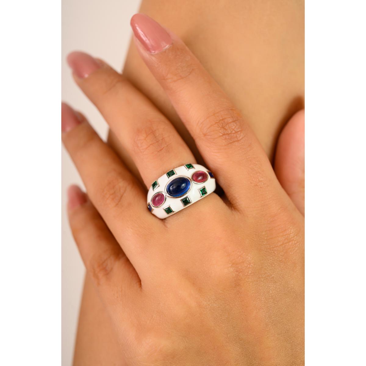 925 Sterling Silver Multi Coloured Vintage Ring