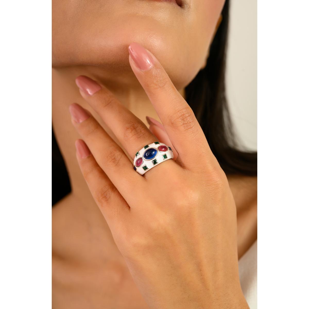 925 Sterling Silver Multi Coloured Vintage Ring