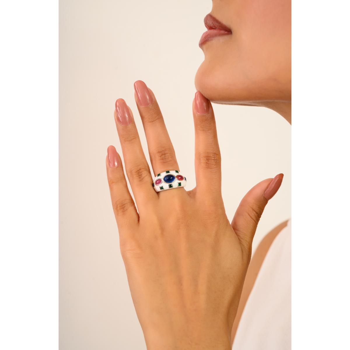 925 Sterling Silver Multi Coloured Vintage Ring