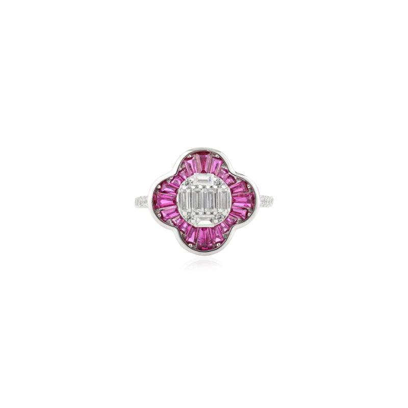 Sterling Silver Floral Ring with Pink and White CZ