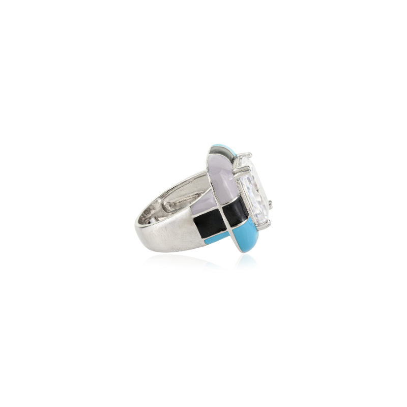 Vibrant Enamel and Solitaire CZ Silver Bold Look Ring