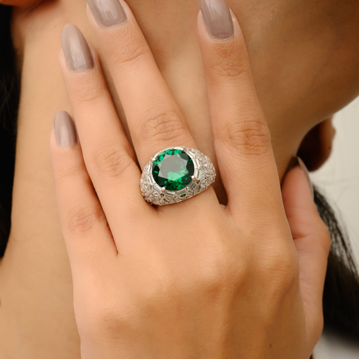 Bold Chunky ring in Sterling Silver with Green CZ Solitaire