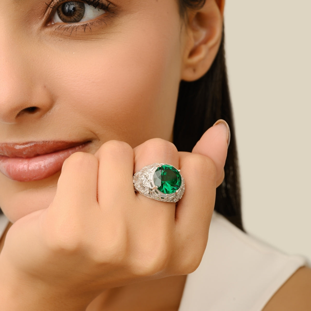 Bold Chunky ring in Sterling Silver with Green CZ Solitaire