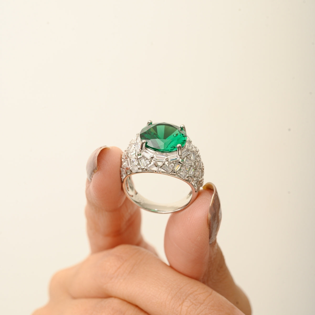 Bold Chunky ring in Sterling Silver with Green CZ Solitaire