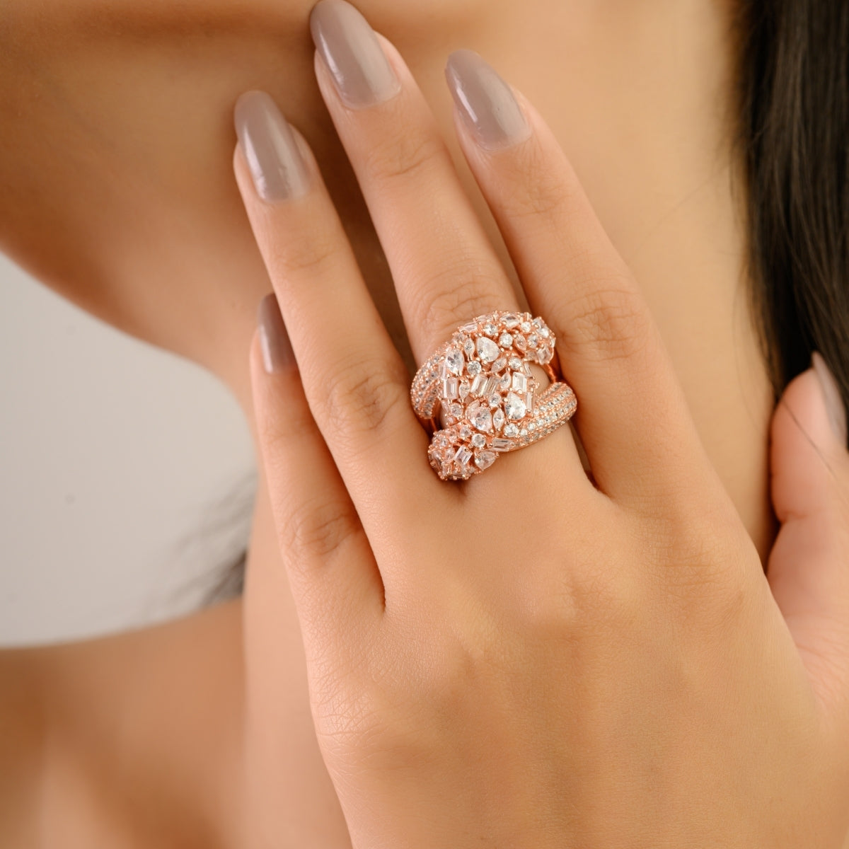 Multi Cut White CZ Studded Chunky Silver Ring 18k Rose Gold