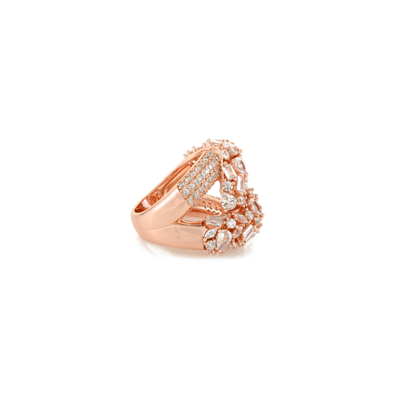 Multi Cut White CZ Studded Chunky Silver Ring 18k Rose Gold