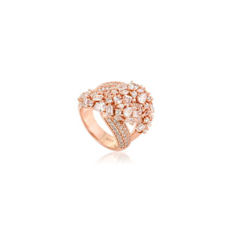 Multi Cut White CZ Studded Chunky Silver Ring 18k Rose Gold